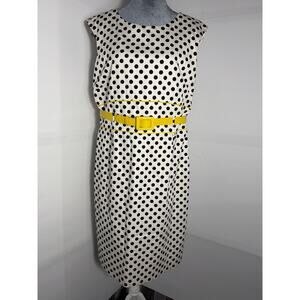 Tahari Arthur S Lavine White Black Polka Dot Yellow Belted Lined Dress Womens 14